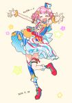  1girl blue_bow bow bracelet closed_eyes dress frilled_dress frills jewelry multicolored_clothes multicolored_dress nakai_ann ootori_emu open_mouth pink_footwear pink_hair pop_in_my_heart!!_(project_sekai) project_sekai shoes short_hair simple_background single_thighhigh smile solo standing standing_on_one_leg thigh_strap thighhighs white_background white_bow 