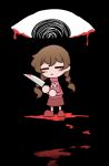  1girl black_background blood blood_from_eyes blood_on_knife brown_hair chibi closed_eyes highres jacket knife madotsuki mata_(matasoup) pink_jacket red_footwear red_skirt skirt solo sweater turtleneck turtleneck_sweater twintails yume_nikki 