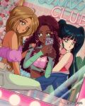  1990s_(style) 3girls bare_shoulders black_hair blue_eyes brown_hair cellphone dark-skinned_female dark_skin earrings flora_(winx_club) green_eyes gyaru hanavbara highres holding holding_phone hoop_earrings jewelry layla_(winx_club) light_brown_hair long_hair multiple_girls musa_(winx_club) off_shoulder open_mouth parted_lips phone pink_nails pink_sleeves retro_artstyle smartphone twintails winx_club 