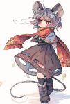  1girl animal_ears black_dress black_footwear black_socks blue_capelet blush capelet dress full_body grey_hair highres jewelry long_sleeves mame_komari mouse_ears mouse_tail nazrin parted_lips pendant red_eyes red_scarf scarf shoes short_hair socks solo tail touhou 