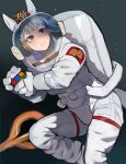  1girl alternate_costume astronaut black_hole blunt_bangs brown_eyes brown_headwear closed_mouth commentary_request commission expressionless feet_out_of_frame gold_ship_(umamusume) grey_hair highres horse_girl long_hair looking_afar medium_bangs pillbox_hat raichiyo rubik&#039;s_cube skeb_commission solo space space_helmet spacesuit star_(sky) umamusume 