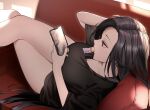  black_hair black_nails black_shirt cellphone couch crossed_legs food food_in_mouth goddess_of_victory:_nikke highres holding holding_phone long_hair maiden_(nikke) mca0731 on_couch phone red_eyes shirt smartphone 