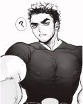  1boy ? alternate_pectoral_size bara beard_stubble black_hair covered_nipples cream_(creamsticl3) frown greyscale highres huge_eyebrows inverted_nipples lucas_lee male_focus monochrome muscular muscular_male outstretched_arm parted_lips pectorals scott_pilgrim_takes_off selfie shirt short_hair short_sleeves smile solo spoken_question_mark t-shirt taut_clothes taut_shirt upper_body 