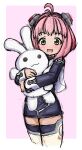  1girl ahoge black_dress black_sleeves brown_eyes dress hair_ornament highres holding holding_stuffed_toy hug hugging_object kansoku long_sleeves looking_at_viewer m.o.m.o. open_mouth pink_hair short_dress short_hair sketch smile solo stuffed_animal stuffed_rabbit stuffed_toy thighhighs thighs white_thighhighs xenosaga 