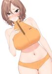  1girl absurdres bikini blush breasts brown_hair dutch_angle goshiki_suzu hand_on_own_chest highres large_breasts looking_at_viewer navel nose_blush orange_bikini original simple_background solo swimsuit white_background 