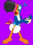  2020 avian beak bird cereal cereal_bowl cheesybear clothed clothing cutlery diaper food froot_loops kellogg&#039;s kitchen_utensils looking_down male mascot open_beak open_mouth purple_background shocked_expression simple_background solo spoon surprised_expression tongue tools toucan toucan_sam wearing_diaper 
