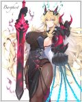  1girl barghest_(fate) barghest_(second_ascension)_(fate) black_dress blonde_hair breasts brown_pantyhose chain character_name dress fate/grand_order fate_(series) gauntlets green_eyes hazuki-a heterochromia highres holding holding_sword holding_weapon large_breasts long_hair pantyhose red_eyes single_gauntlet sword weapon 
