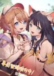  2girls :d absurdres animal_ear_fluff animal_ears atelier_resleriana bare_shoulders bell bell_earrings belt black_hair blonde_hair blue_eyes blunt_bangs blurry blurry_background blush bow cat_ears cat_girl choker detached_sleeves dress earrings hair_between_eyes hair_ornament hairclip hat highres izana_kokoschka jewelry looking_at_viewer multiple_belts multiple_girls official_art pink_dress promotional_art resna_sternenricht ribbon single_earring smile star_(symbol) star_choker tokki white_dress white_headwear yellow_ribbon 