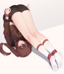  1girl ass ayaya_(ayaya_ri) black_shorts blush brown_eyes brown_hair brown_shirt closed_mouth full_body genshin_impact highres hu_tao_(genshin_impact) kneehighs legs long_hair long_sleeves looking_at_viewer no_shoes restrained shirt short_shorts shorts smile socks soles solo stationary_restraints twintails upside-down white_socks 