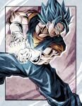  1boy angry biceps blue_eyes blue_hair blue_pants blue_sash border brown_background commentary_request dougi dragon_ball dragon_ball_super earrings energy energy_ball gloves grey_border highres jewelry kamehameha_(dragon_ball) male_focus muscular muscular_male open_mouth orange_shirt outside_border pants pectorals potara_earrings sash shirt short_sleeves simple_background solo spiked_hair standing super_saiyan super_saiyan_blue teeth tongue ushi_(akabec0) v-shaped_eyebrows vegetto white_gloves 