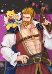  1boy 2boys abs absurdres angel_wings bara beard bergamond_(crave_saga) character_request chest_belt coat coat_on_shoulders collared_shirt cowboy_shot crave_saga eyebrow_cut facial_hair furry furry_male gold_necklace gun highres holding holding_gun holding_weapon jewelry large_belt large_pectorals leather_belt long_hair looking_to_the_side male_focus mature_male multiple_boys muscular muscular_male necklace open_clothes open_coat pectoral_cleavage pectorals pirate ponytail safu_(maimai3737) shirt smile solo stomach thick_eyebrows thick_mustache turning_head weapon weapon_request wings yellow_fur 