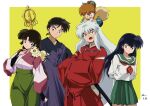  2girls 3boys anime_coloring arms_behind_back black_hair brown_hair closed_mouth cowboy_shot fang green_sailor_collar green_skirt hands_in_opposite_sleeves highres higurashi_kagome hime_cut inuyasha inuyasha_(character) japanese_clothes jewelry kirara_(inuyasha) long_hair looking_up miroku_(inuyasha) multiple_boys multiple_girls necklace on_head on_shoulder open_mouth pearl_necklace pleated_skirt sailor_collar sango_(inuyasha) school_uniform serafuku shibukawa_daisuke shippou_(inuyasha) signature simple_background skirt staff very_long_hair white_hair yellow_background 