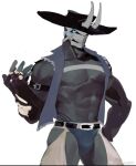  1boy abs arm_belt bara bare_pectorals belt black_belt blue_eyes bone_horns briefs bulge chest_harness colored_skin cowboy_hat cowboy_western crotchless crotchless_pants feet_out_of_frame glowing glowing_eye grey_skin hand_up harness hat large_pectorals looking_at_viewer male_focus male_underwear mask monster_boy muscular muscular_male navel no_nipples original pants pectorals shirt skull_mask solo standing stomach thick_thighs thighs torn_clothes torn_shirt underwear unfinished yuuko_(yuuko891) 