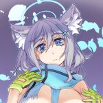  1girl animal_ear_fluff animal_ears blue_archive blue_eyes blue_halo blue_scarf breasts bright_pupils cross_hair_ornament gloves green_gloves hair_ornament halo highres hisahiko large_breasts looking_at_viewer mismatched_pupils scarf shiroko_(blue_archive) short_hair solo upper_body white_pupils 
