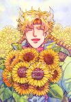  1boy :d battle_tendency blonde_hair blue_jacket caesar_anthonio_zeppeli dated facial_mark feather_hair_ornament feathers flower hair_ornament happy_birthday headband jacket jojo_no_kimyou_na_bouken lanxjourney male_focus smile solo sunflower triangle_print 