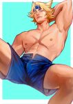  1boy abs animal_ears arm_behind_head bara blonde_hair blue_headband blue_shorts closed_mouth cross_scar fiiiiiiisher7 headband highres large_pectorals league_of_legends male_focus muscular muscular_male navel nipples official_alternate_costume pectorals scar scar_on_chest scar_on_face scar_on_nose sett_(league_of_legends) short_hair shorts solo soul_fighter_sett thick_thighs thighs topless_male 