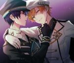  2boys aoyagi_touya arm_around_shoulder black_gloves blonde_hair blue_hair chain cosplay dark_blue_hair earrings fingerless_gloves fingernails gloves grey_eyes hand_on_another&#039;s_chin hand_up hoop_earrings jewelry kaito_(vocaloid) kaito_(vocaloid)_(cosplay) knock_the_future!!_(project_sekai) lapels long_sleeves looking_at_another male_focus multicolored_hair multiple_boys notched_lapels offtoon12 orange_hair project_sekai shinonome_akito short_hair star_(symbol) streaked_hair teeth two-tone_hair white_gloves yaoi yellow_eyes 