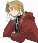  ... 1boy absurdres ahoge blonde_hair blush braid closed_mouth edward_elric fullmetal_alchemist hair_over_shoulder head_on_hand highres hood hood_down hooded_jacket jacket leaning_forward long_hair long_sleeves male_focus ozaki_(tsukiko3) parted_bangs prosthesis prosthetic_arm red_jacket single_braid sitting sketch solo sweatdrop upper_body white_background yellow_eyes 