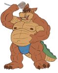  absurd_res activision alligator alligatorid amideo barazoku belly biceps bulge canid canine canis clothing crash_bandicoot crash_bandicoot_(series) crocodile crocodilian crocodylid daddy_(disambiguation) dingo dingodile fafur flexing hi_res holding_belly hybrid male mammal mature_male moobs musclegut muscular nipples overweight paws pecs pouring reptile scalie slightly_chubby tail underwear 