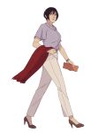  1girl black_eyes black_hair breasts commentary contemporary english_commentary full_body hanpetos high_heels holding holding_scythe large_breasts mikasa_ackerman red_scarf scar scar_on_cheek scar_on_face scarf scythe shingeki_no_kyojin short_hair solo wallet 
