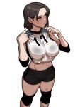  absurdres black_hair bra_visible_through_clothes breasts buruma elbow_pads gigle highres knee_pads large_breasts looking_to_the_side midriff original short_hair sportswear standing sweat volleyball_uniform white_background 