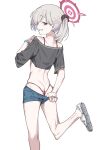  bikini blue_archive crop_top flower grey_hair hair_flower hair_ornament halo highres leotard looking_back mesugaki mutsuki_(blue_archive) pink_bikini purple_eyes red_halo shoes side_ponytail smug sneakers swimsuit thong_leotard urec white_background white_hair 