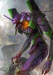  absurdres angel_(evangelion) blood eva_01 evangelion_(mecha) glowing glowing_eyes highres horns horror_(theme) light mecha mecha_focus neon_genesis_evangelion no_humans open_mouth robot science_fiction single_horn teeth thedurianart 