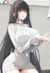  1girl black_hair black_panties blue_archive blunt_bangs blush breasts commentary_request halo heart highres keenh large_breasts long_hair long_sleeves milk panties parted_lips rio_(blue_archive) sexually_suggestive solo suggestive_fluid sweater underwear white_sweater yes 