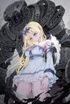  1girl blonde_hair blue_eyes blue_ribbon breasts cleavage closed_mouth detached_sleeves dress golem hair_ribbon highres jewelry large_breasts long_hair multiple_rings original ribbon ring standing voruvoru white_dress white_sleeves 