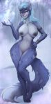  absurd_res anthro big_breasts blue_body blue_fur blue_hair breasts felid female fur hair hi_res mammal nipples pantherine snow_leopard solo veliren_rey wide_hips 