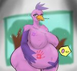  anthro avian beak belly big_belly big_breasts big_butt breasts butt crotch_tuft curvy_figure eggnant female hand_print happy hi_res holding_stomach looking_at_viewer open_mouth opila_(garten_of_banban) paint plantedpot pregnant pregnant_female solo text thick_thighs tuft voluptuous wide_hips winged_arms wings 