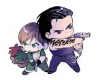  1boy 1girl billy_coen black_hair blue_eyes brown_hair commentary_request cuffs fingerless_gloves gloves green_eyes handcuffs muscular muscular_male nitako rebecca_chambers resident_evil resident_evil_0 shirt short_hair sleeveless sleeveless_shirt tattoo 