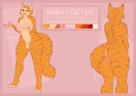  2023 amber_(friskalpox) anthro big_breasts breasts butt character_name domestic_cat english_text felid feline felis female friskalpox front_view fur genitals hand_behind_back hi_res mammal model_sheet nipples nude nude_female open_mouth open_smile orange_body orange_fur pink_background pussy rear_view simple_background smile solo standing stripes tabby_cat text 