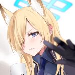  1girl angry animal_ear_fluff animal_ears asymmetrical_bangs black_gloves black_necktie blonde_hair blue_archive blue_eyes blurry blurry_foreground blush coffee_mug cup depth_of_field embarrassed extra_ears gloves hair_over_one_eye halo highres kanna_(blue_archive) looking_at_viewer mug necktie sharp_teeth shiro_hebi_rei solo teeth 