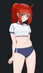  1girl absurdres ahoge ass_visible_through_thighs buruma carlo_montie character_request closed_mouth copyright_request crop_top green_eyes highres looking_at_viewer navel ponytail red_hair shirt sidelocks solo standing stomach white_shirt 