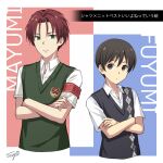  2boys armband black_eyes black_hair black_vest collared_shirt crossed_arms fingernails fuyumi_jun green_eyes green_vest height_difference idolmaster idolmaster_side-m idolmaster_side-m_growing_stars looking_at_another male_focus mayumi_eishin multiple_boys red_hair shirt user_dvjs2222 vest 