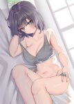  1girl absurdres aqua_eyes bed_sheet blue_archive bra breasts closed_mouth collarbone grey_bra grey_hair grey_panties halo highres large_breasts looking_at_viewer lying moriyama_a navel on_side panties panty_pull pulled_by_self purple_hair saki_(blue_archive) short_hair solo stomach thighs underwear window 