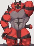  anthro bodily_fluids fangs felid flaccid front_view fur generation_7_pokemon genitals hand_behind_head hi_res humanoid_genitalia humanoid_penis incineroar kneeling male mammal muscular muscular_anthro muscular_male nintendo nude pecs penis pokemon pokemon_(species) radcanine red_body red_fur solo standing sweat sweatdrop teeth yellow_eyes 