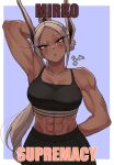  1girl abs absurdres animal_ears arms_behind_back arms_behind_head bare_shoulders biceps black_sports_bra boku_no_hero_academia breasts closed_mouth collarbone dark-skinned_female dark_skin gud0c highres impact_(font) long_hair mirko muscular muscular_female navel navel_piercing obliques piercing rabbit_ears red_eyes simple_background sports_bra sportswear toned white_hair 