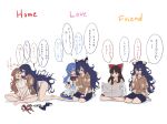  4girls black_eyes black_hair blue_bow blue_eyes blue_hair blue_skirt bow bowtie bracelet center_frills commentary_request debt dress frills full_body grey_hoodie hair_bow hair_tubes hakurei_reimu heart highres hinanawi_tenshi hood hoodie indian_style jewelry kaden_(muxt8423) kiss kiss_day long_hair multiple_girls orange_eyes orange_hair orange_panties panties reading red_bow red_bowtie red_eyes shirt short_sleeves sidelocks simple_background sitting skirt speech_bubble touhou translation_request underwear white_background white_dress white_panties white_shirt yorigami_jo&#039;on yorigami_shion 