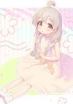  1girl :o absurdres ahoge bare_arms bare_legs braid brown_eyes dress grey_hair hair_between_eyes highres light_blush long_hair looking_at_viewer multicolored_hair no_shoes onii-chan_wa_oshimai! open_mouth outline oyama_mahiro pink_hair short_sleeves sitting socks solo streaked_hair tokoshibyra twin_braids two-tone_hair white_outline 