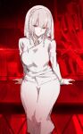  1girl absurdres armored_core armored_core_6 ayre_(armored_core_6) braid breasts expressionless grey_hair highres las91214 long_skirt long_sleeves looking_at_viewer medium_breasts personification red_eyes shirt sitting skirt solo twin_braids white_shirt white_skirt 