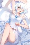  1girl absurdres alternate_costume armpits bare_shoulders bed blue_eyes furina_(genshin_impact) genshin_impact highres legs multicolored_hair on_bed open_mouth punya sleep_mask sleepwear thighs waking_up white_hair yawning 