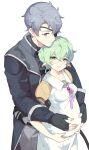  1boy 1girl black_coat black_gloves black_hair blue_eyes bow breasts closed_mouth coat collared_dress core_crystal_(xenoblade) dress fingerless_gloves glasses gloves green_eyes green_hair grey_pants hetero highres hug hug_from_behind long_sleeves looking_at_viewer medium_breasts nail_polish pandoria_(xenoblade) pants pointy_ears pregnant purple_bow purple_nails simple_background smile stephanieh81080 white_background white_dress xenoblade_chronicles_(series) xenoblade_chronicles_2 zeke_von_genbu_(xenoblade) 