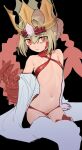  1girl bare_shoulders black_background blonde_hair braid braided_bun crown doka_yuki_(tsumorisugi) dragon_claw dragon_tail facial_mark fate/grand_order fate_(series) flat_chest hair_bun highres looking_at_viewer navel nero_claudius_(fate) pointy_ears queen_draco_(fate) queen_draco_(second_ascension)_(fate) red_eyes revealing_clothes simple_background sitting sketch solo tail 