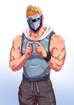  1boy ^_^ bara blonde_hair blush closed_eyes facing_viewer fidgeting highres hood hoodie index_fingers_together indie_virtual_youtuber large_pectorals male_focus mask masked_himbo_(silvyspark) mondoart1 muscular muscular_male nervous pants pectorals second-party_source short_hair sidepec sleeveless sleeveless_hoodie solo thighs 