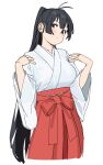  1girl antenna_hair black_hair blue_eyes blush breasts character_request closed_mouth copyright_request cowboy_shot hakama hakama_skirt hand_on_own_shoulder head_tilt highres japanese_clothes kimono ksrvgn large_breasts long_hair looking_at_viewer miko ponytail red_hakama sideways_glance simple_background skirt solo very_long_hair white_background white_kimono 