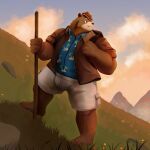  2023 absurd_res anthro bear bottomwear clothing detailed_background hi_res hiking korouxus male mammal mountain outside overweight overweight_male shirt shorts solo topwear 