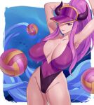  1girl absurdres armpits arms_behind_head b.sa_(bbbs) breasts breasts_apart cleavage covered_nipples hat highres horns huge_breasts league_of_legends long_hair looking_at_viewer one-piece_swimsuit ponytail purple_eyes purple_hair purple_headwear purple_one-piece_swimsuit solo swimsuit syndra upper_body volleyball 
