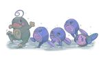  :d anzu_(01010611) commentary_request from_side highres hopping leg_up no_humans open_mouth pokemon pokemon_(creature) politoed poliwag smile standing tympole water_drop white_background 